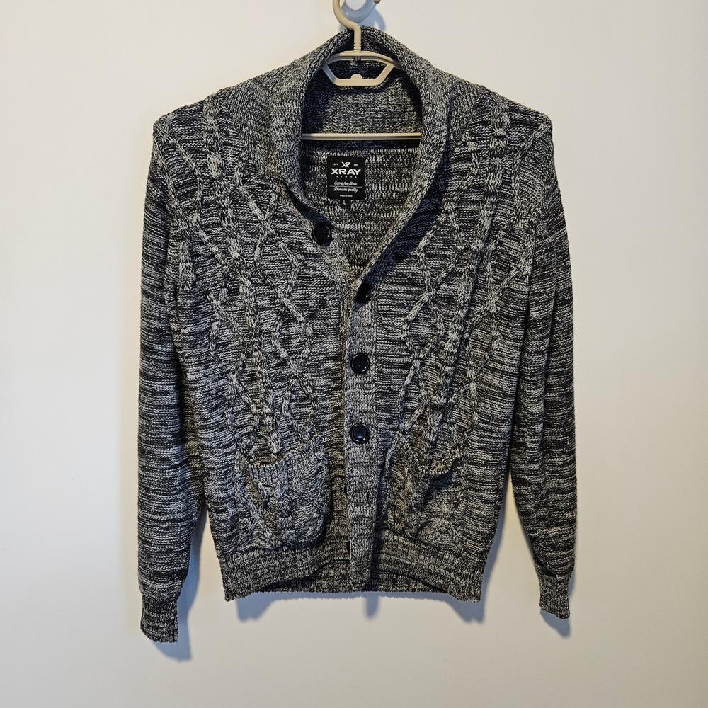 Cardigan Sweater Large Grey Cable Knit Shawl Collar Fisherman Chunky Toggle